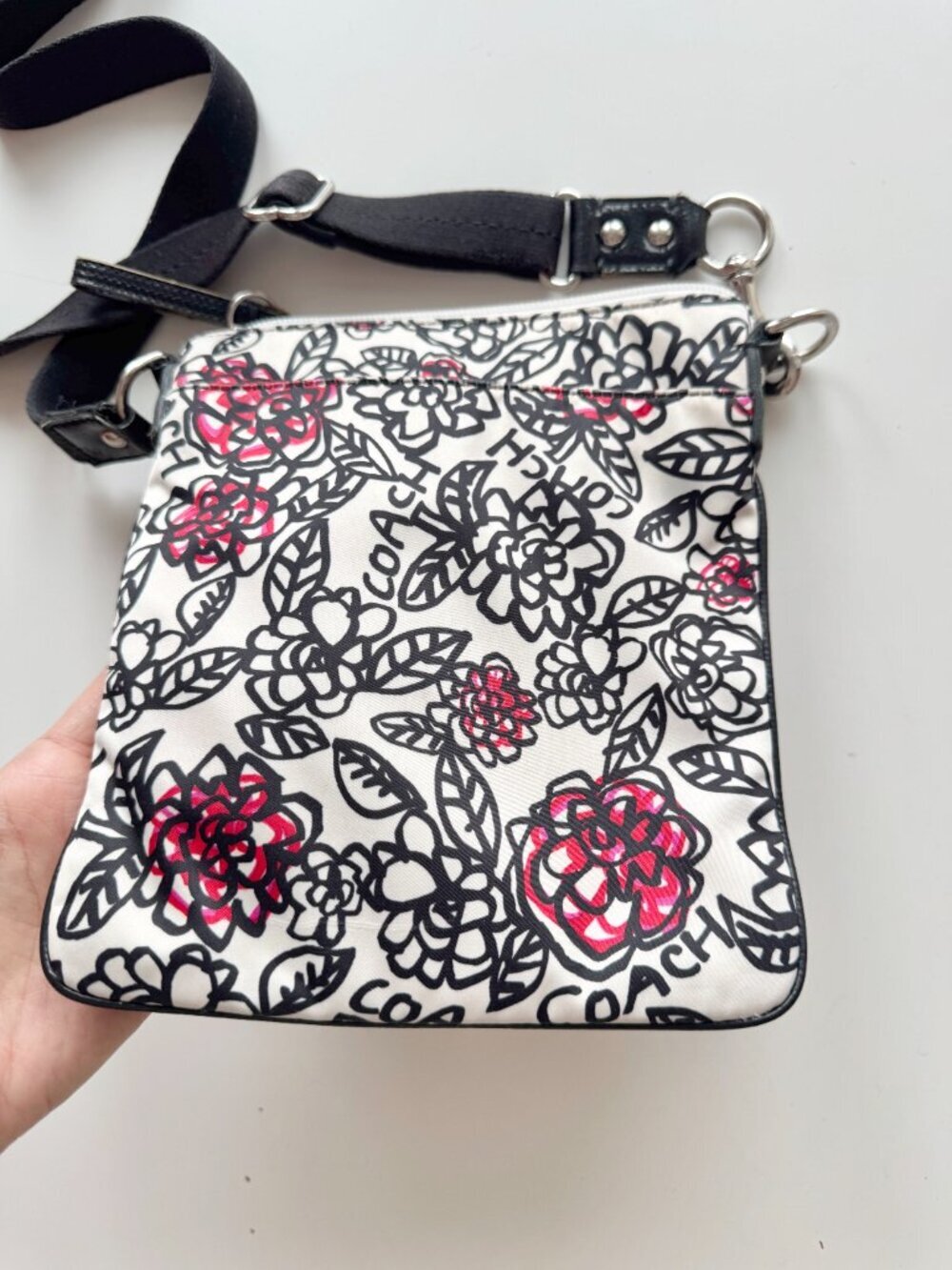 COACH White Black Floral Graffiti Nylon Leather Trim Crossbody Purse - Picture 7 of 16